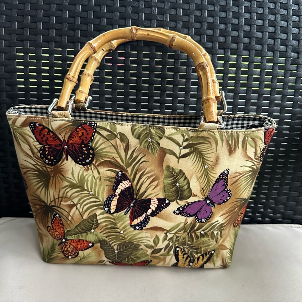 Butterfly Print Bamboo Handle Tote Bag - Picture 6 of 8